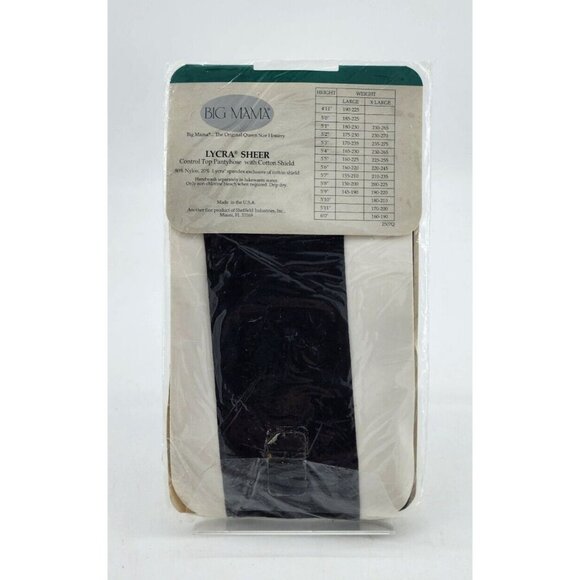 Vtg Big Mama Lycra Sheer Control Top Pantyhose Cotton Shield Off Black Sz Large - Picture 4 of 4